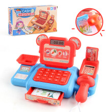 (Red and blue, A) Interactive Kids' Supermarket Cash Register Toy Set with Sound, Light Scanner & Pretend Play Fruits, Veggies, Drinks