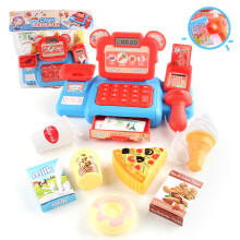 (Red and blue, B) Interactive Kids' Supermarket Cash Register Toy Set with Sound, Light Scanner & Pretend Play Fruits, Veggies, Drinks