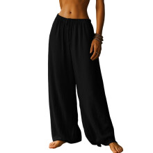 Pants for Women Loose Fit Drawstring Flowy Wide Leg-Black S