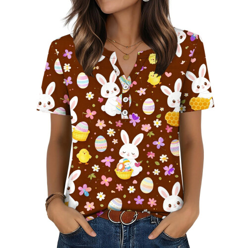 Women's Easter Top, Cute Easter Bunny Shirt, Casual-Brown L