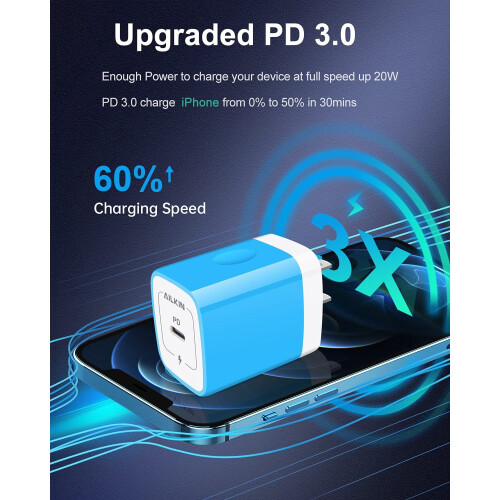 Φορτιστής τοίχου USB-C PD 20W, συμβατός με iPhone, τροφοδοτικό γρήγορης φόρτισης – μπλε 1
