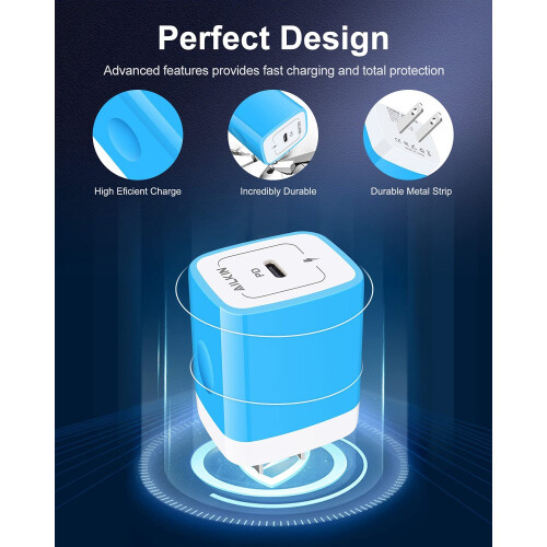 Φορτιστής τοίχου USB-C PD 20W, συμβατός με iPhone, τροφοδοτικό γρήγορης φόρτισης – μπλε 2