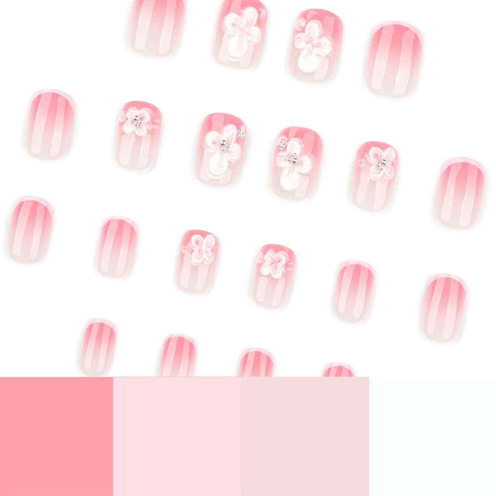 Hue-Grain 24Pcs Pink Fake Nails With Flower Decor, Salon Supply