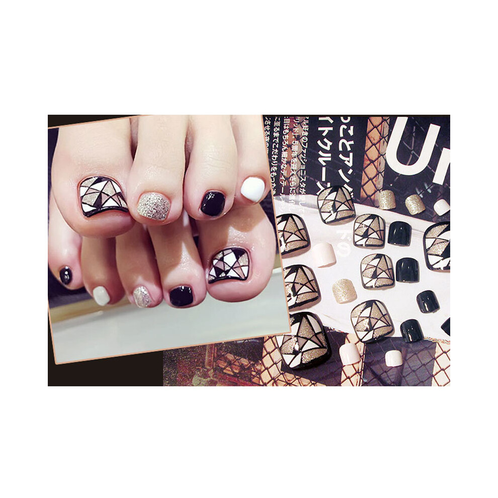 Roc-Electron (J26) 24Pcs Fake Toenails Red Love Flower Black White Striped