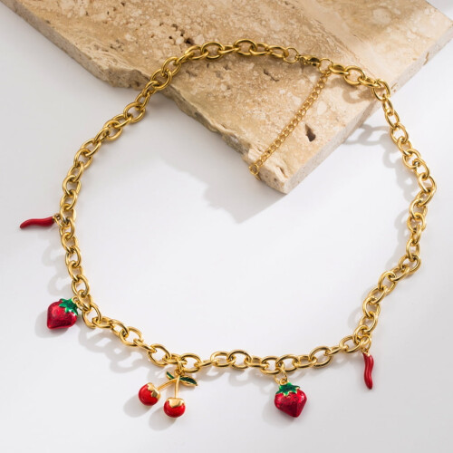 Colar com pingente divertido de morango e cereja, leve e em aço titânio. Joia da moda. 2