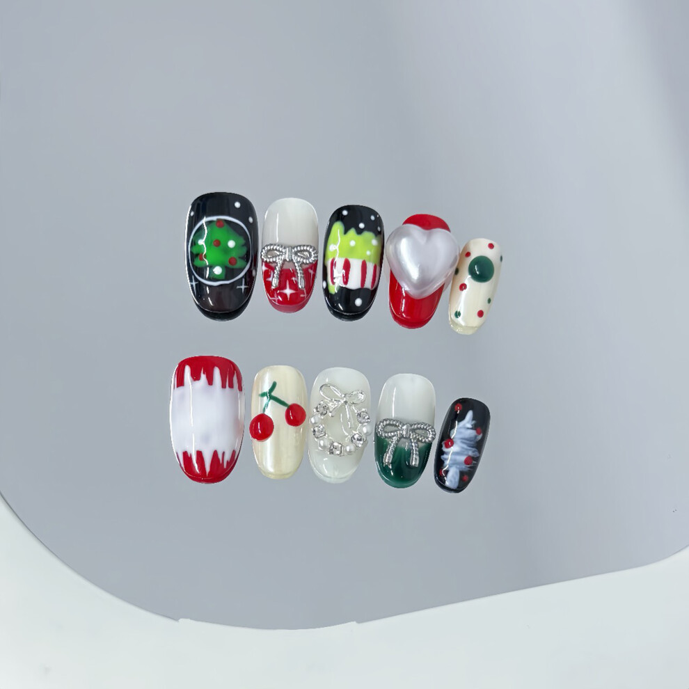 Roc-Electron (S) Christmas Press On Nails - 10Pcs, Bow & Tree Prints