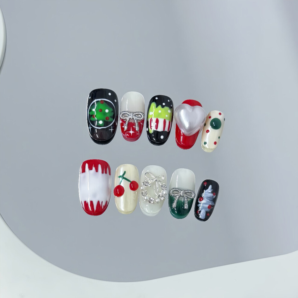 Roc-Electron (Xs) Christmas Press On Nails - 10Pcs, Bow & Tree Prints