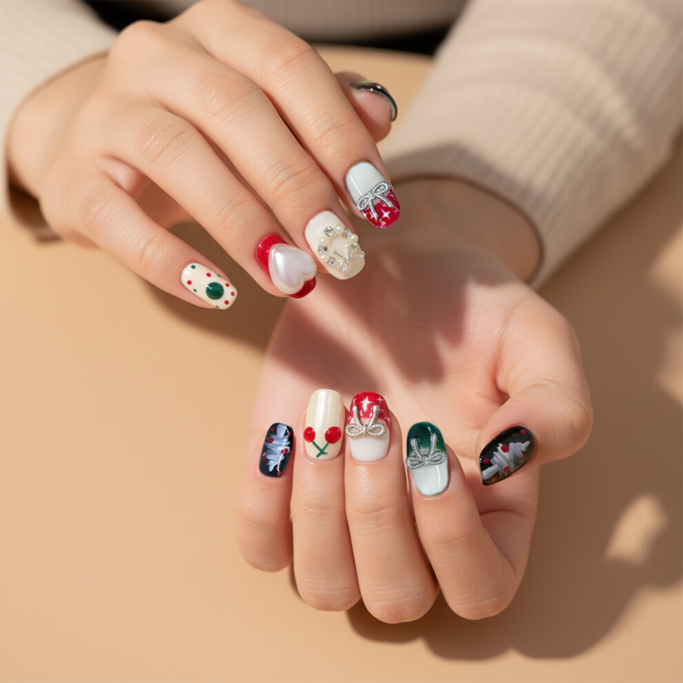 Roc-Electron (L) Christmas Press On Nails - 10Pcs, Bow & Tree Prints