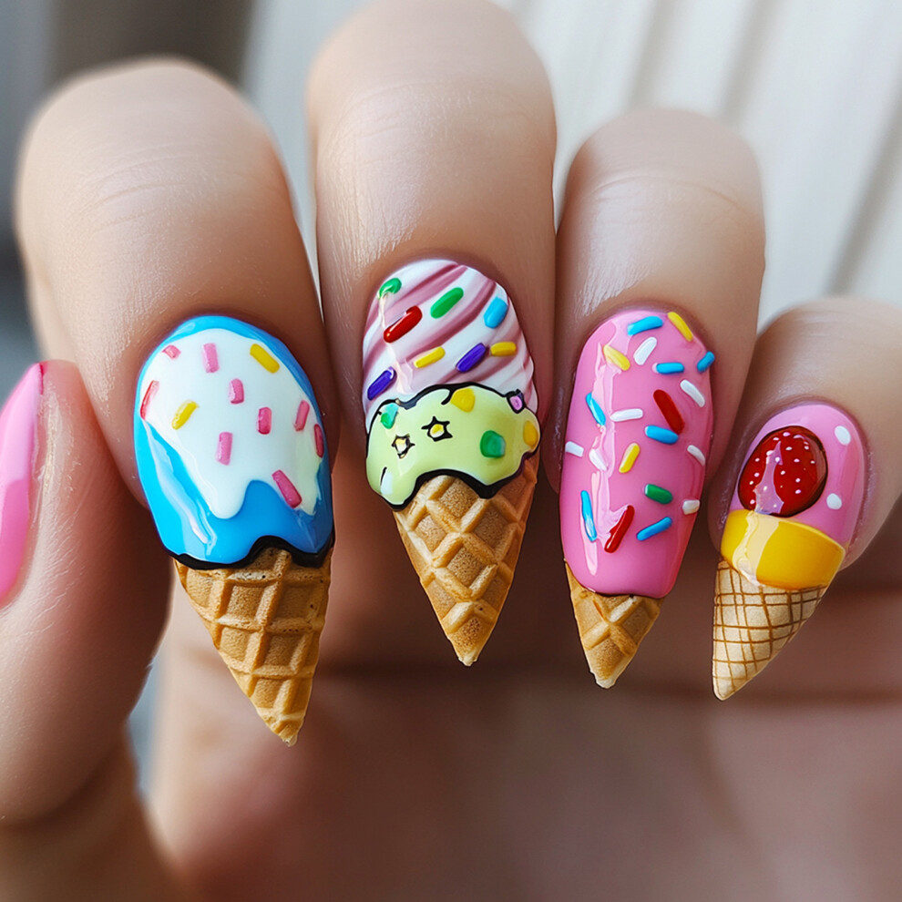 Creation-3C 24Pcs Ice Cream Print False Nails, Long Lasting & Waterproof