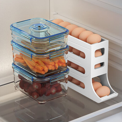 2023 New Automatic Rolling Third-layer Egg Dispenser, Egg Holder Dispenser for Refrigerator, Holds 24 Eggs, Space-Saving Egg Storage 2
