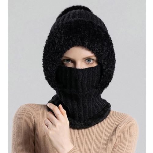 Conjunto feminino 3 em 1: gorro, cachecol e máscara de tricô com forro de lã. 2