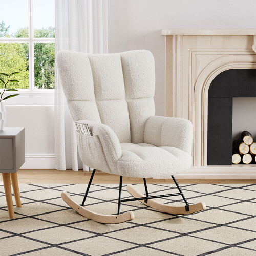 Teddy White Tufted Rocking Chair with Side Pocket 1
