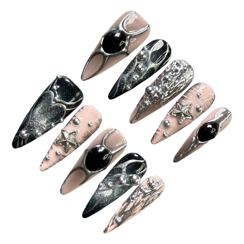 Creation-3C (Xs) Heart Print False Nails - Pink & Black Resin