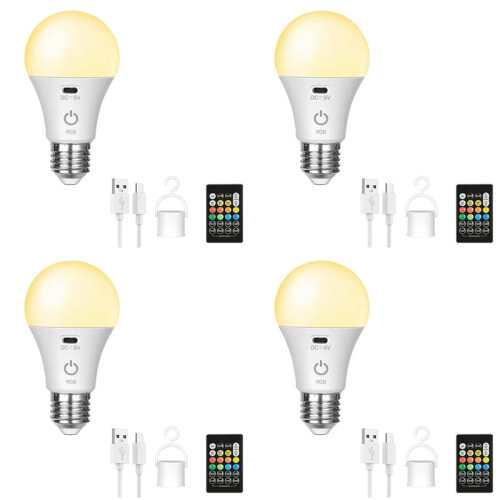 4X  RGB USB LED Bulb - Rechargeable, Dimmable  Bulb E27 with Timing Cordless Battery Operated Light Bulb