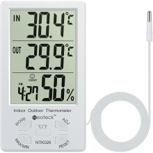 Hygro-thermometer, digitale binnen- en buitenmonitor voor het bewaken van het comfortniveau, voorzien van een gemakkelijk afleesbaar LCD-scherm.