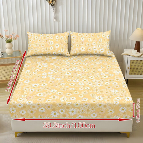 Full Size Fitted Sheet Set with Creamy Yellow Daisy Print 1