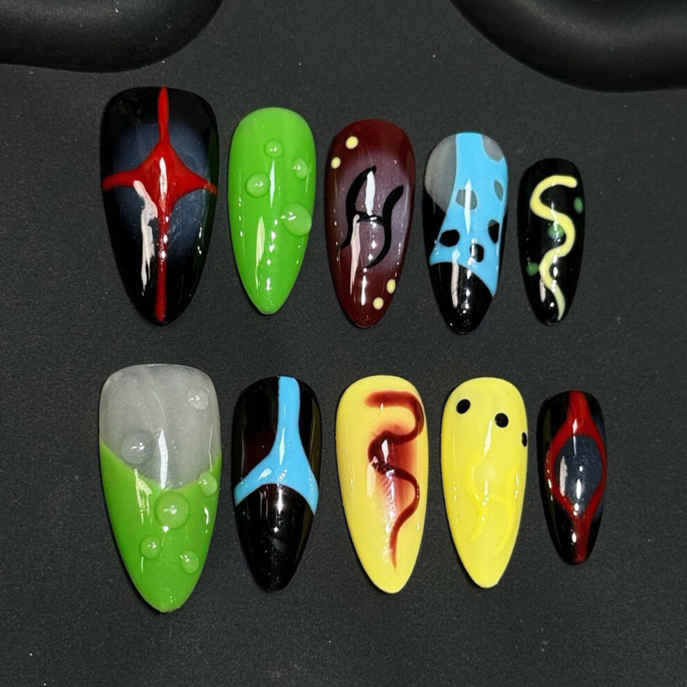 Reach-Tools (Xs) 10Pcs Almond Fake Nails - Graffiti Print, Odorless