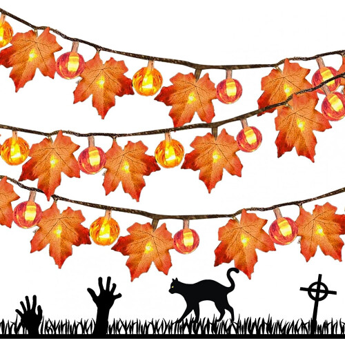 Morttic Halloween Hanging Ornament, LED Warm Light Maple Leaf Lantern String, 20LED, Compatible with Outdoor Decor 1