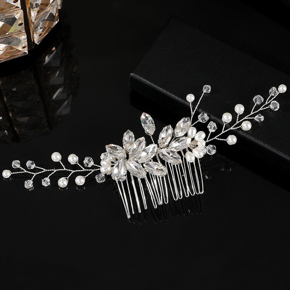 Hue-Grain Pearl Wedding Hair Comb - Marquise Rhinestones