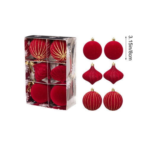 6 Velvet Christmas Baubles, 8cm Red Tree Ornaments 2