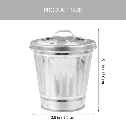 2Pcs Galvanized Trash Bucket with Lid Silver Metal Garbage Bin for Desktop Storage Use 1
