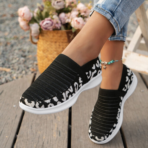 Γυναικεία slip-on παπούτσια γυμναστικής με λεοπάρ μοτίβο, αναπνεύσιμο πλεκτό mesh, 1