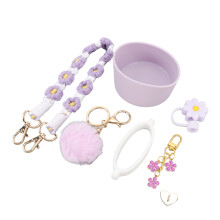 Purple Cup Accessories Set with Straw Cap Plush Flower & Keychain
