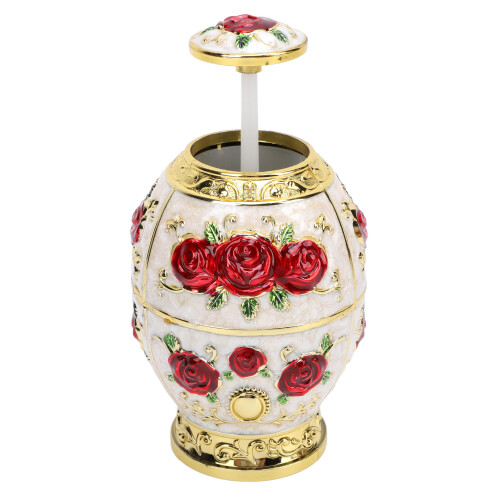 Egg-Shaped Automatic Toothpick Holder Gold & White with Red Flowers