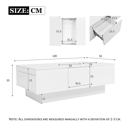 White High Gloss Coffee Table 100x55x35cm with 2 Drawers & Storage 1