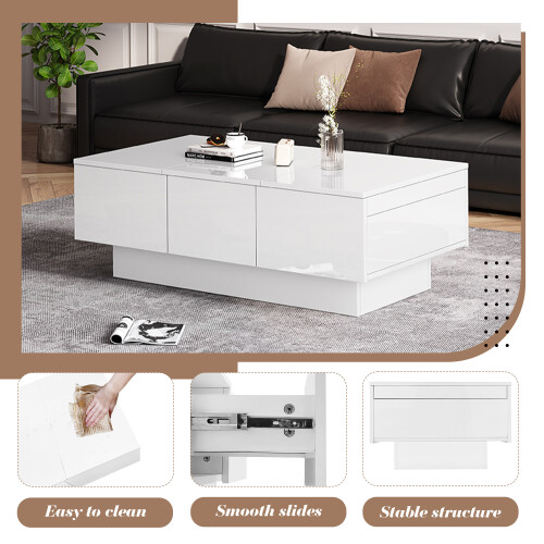 White High Gloss Coffee Table 100x55x35cm with 2 Drawers & Storage 2