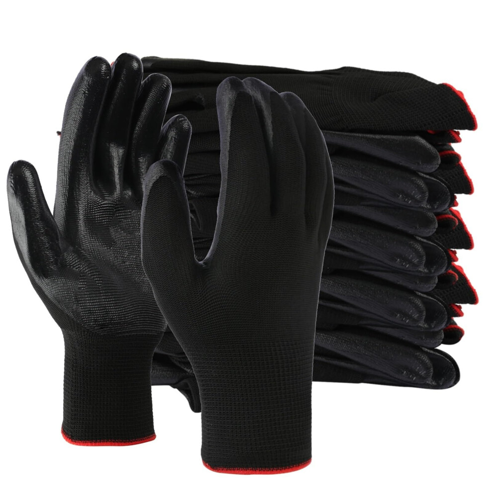 Safety Work Gloves 12 Pairs Black Nitrile Coated Palm Breathable Nylon Ergonomic Grip 9330225054825