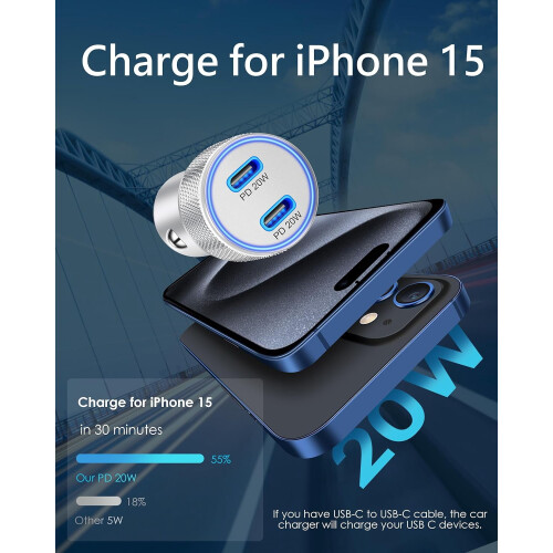 40W双USB-C车载充电器配2根3英尺USB-C线 1