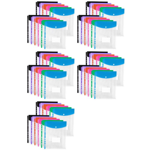 60Pack Plastic Envelopes, Binder Pockets for 3/4/11 Ring Binder,Expandable Document Organizer with Snap Button and Label
