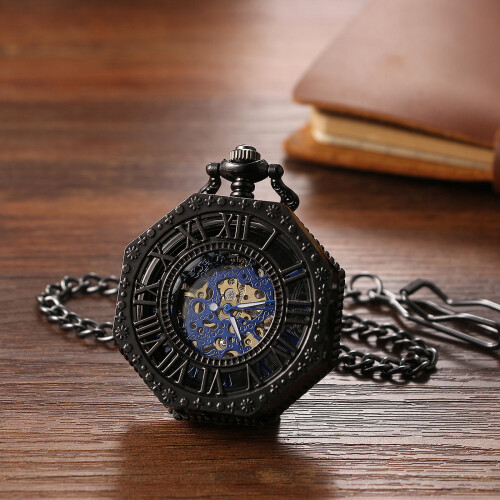 Men's Octagonal Skeleton Pocket Watch Roman Dial 2