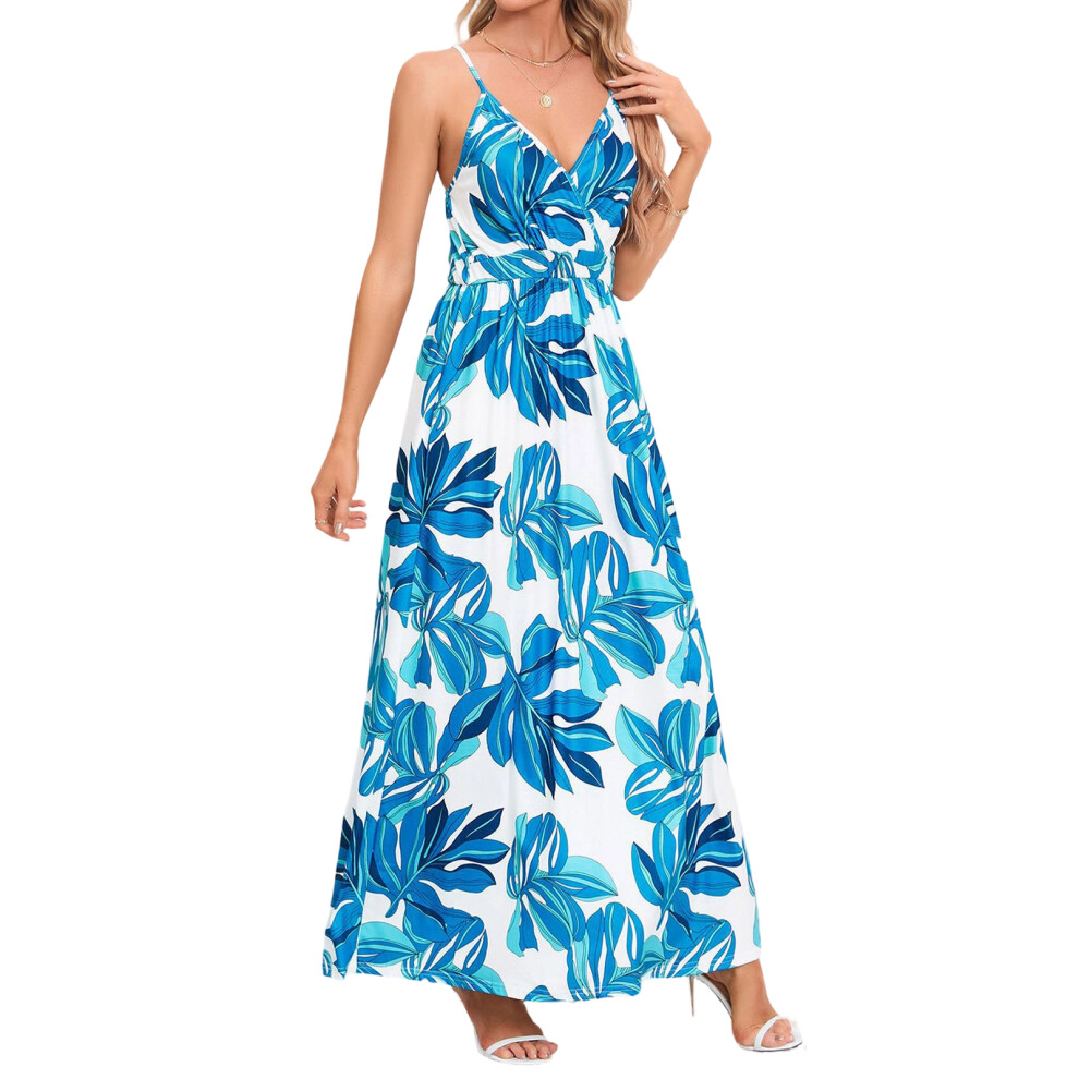 Sky Blue Women's Long Dress, Bohemian Floral Print V-Neck- Xl