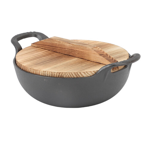 Cast-Iron Wok 25 cm with Dual Handles Wooden Lid Flat Base 2