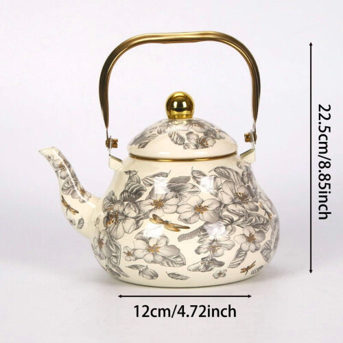 Enamel Teapot Gold Handle Pear Shape Dragonfly Floral 2