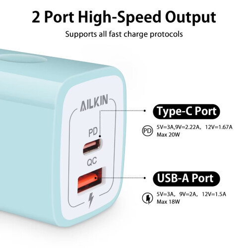 Φορτιστής 2 τεμαχίων USB-C PD 20W, Διπλός προσαρμογέας τοίχου USB QC3.0, Γρήγορη φόρτιση, 1