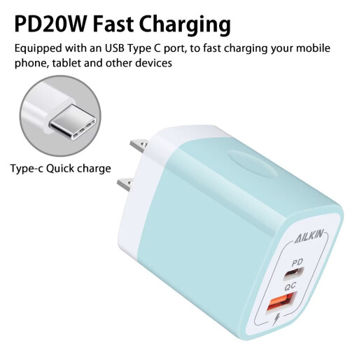 Φορτιστής 2 τεμαχίων USB-C PD 20W, Διπλός προσαρμογέας τοίχου USB QC3.0, Γρήγορη φόρτιση, 2