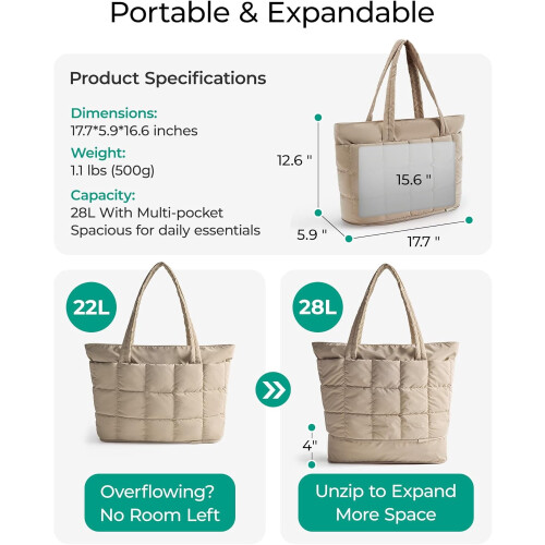 Επεκτεινόμενη τσάντα Tote Puffer για γυναίκες, καπιτονέ τσάντα εργασίας 3 σε 1, τσάντα 1