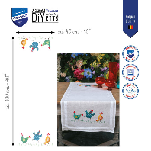 Vervaco Table Runner Kit Coloured Chickens, White, Approx. 40 x 100 cm 1