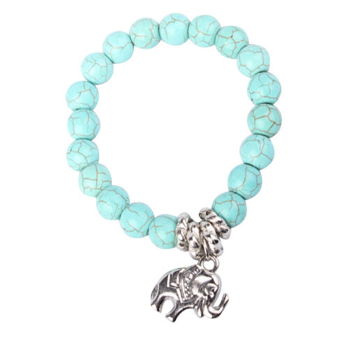 Turquoise Bead Elephant Bracelet Silver Tone 1