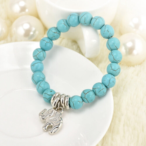 Turquoise Bead Elephant Bracelet Silver Tone 2