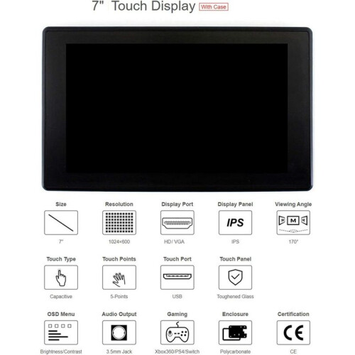 Monitor LCD (H) de 7 Polegadas com Tela Sensível Ao Toque IPS 1024x600 e Case para Raspberry Pi, Jetson , PC e Consoles de Jogos 2