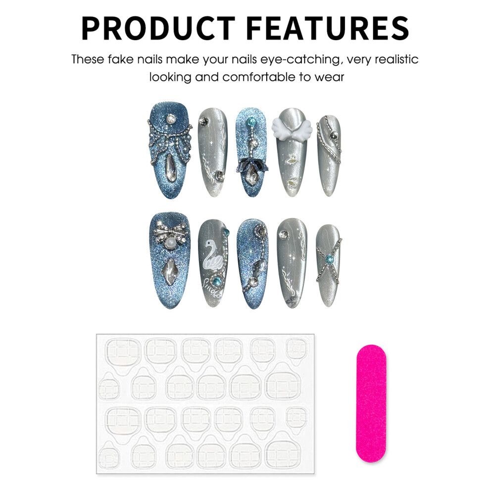 Phui-Pet-Supplies (Xs) Glossy Blue Grey Cat Eye Fake Nails For Women