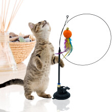 (Orange Fur Ball Head) Feather Cat Toy with Suction Cup - Indoor Play & Exercise