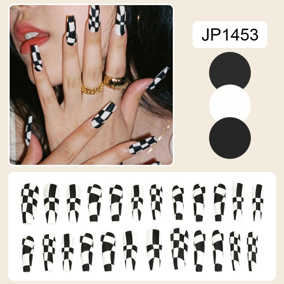 Hue-Grain (Jelly Glue Model) Chic Checkerboard False Nails - Black & White