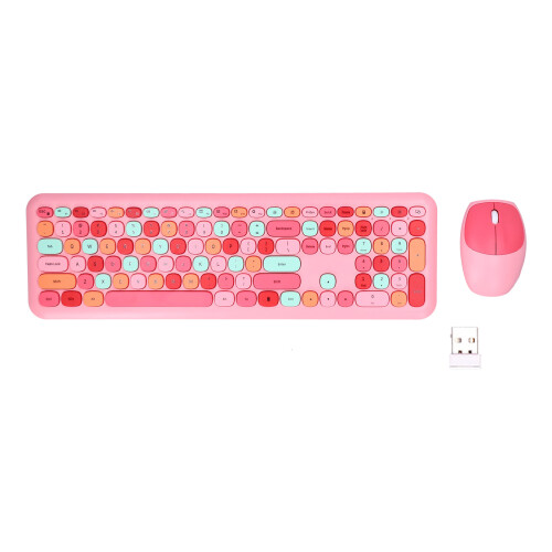 Wireless Retro Multi-Color Keyboard & Mouse Combo, Pink, 1200 DPI 1