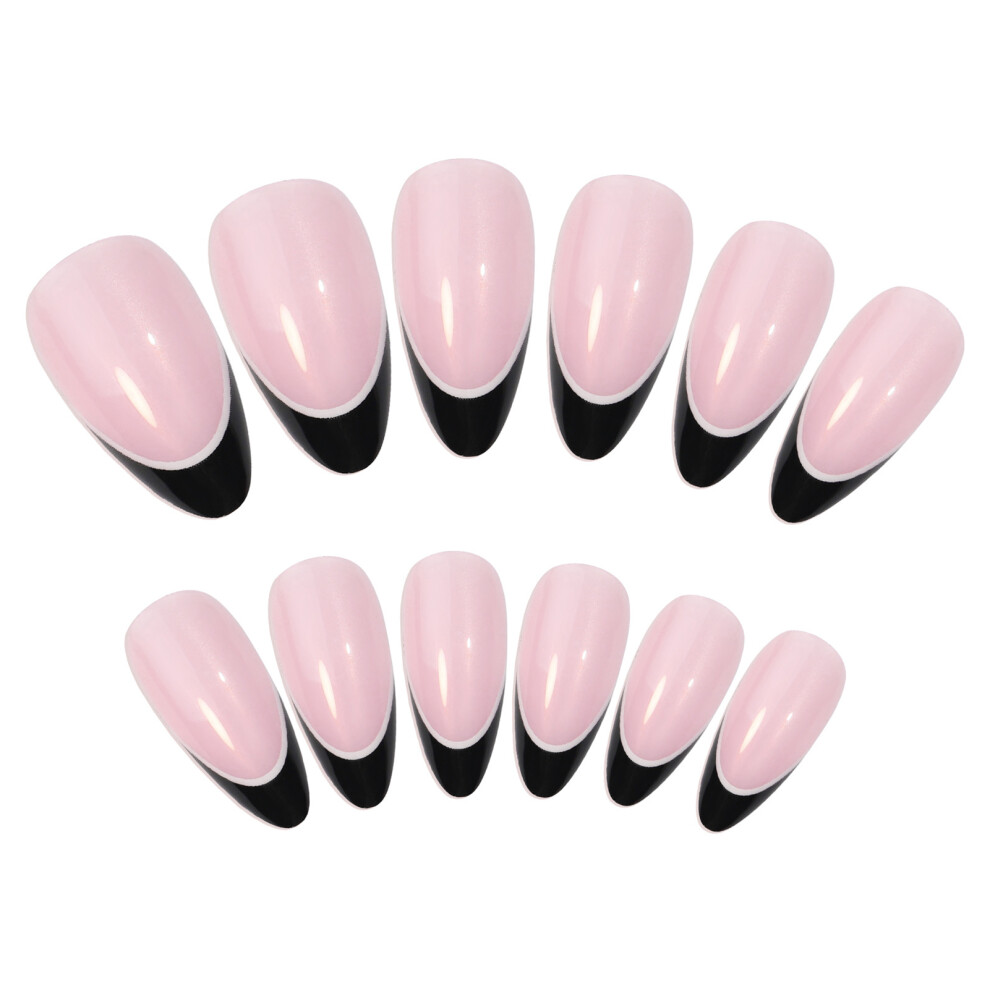 Creation-3C Pink,Black Pink Fake Nails With Black Tip, Long Lasting & Waterproof