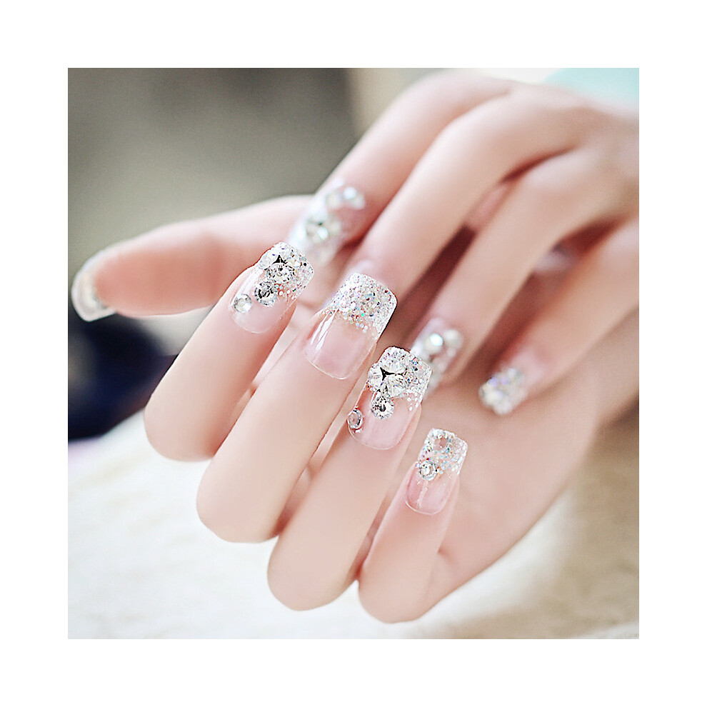 Zhouq-Outdoors 24Pcs Shiny Rhinestone Fake Nails Lace Design